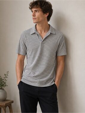 Theory Black and White Striped Polo Shirt